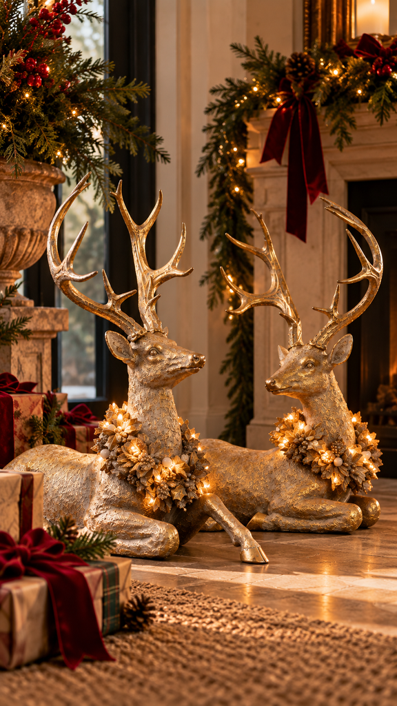 Two large gold deer figurines with antlers, decorated with warm white holiday lights and floral garlands, displayed in a decorated indoor holiday setting with wrapped gifts and fireplace garlands.